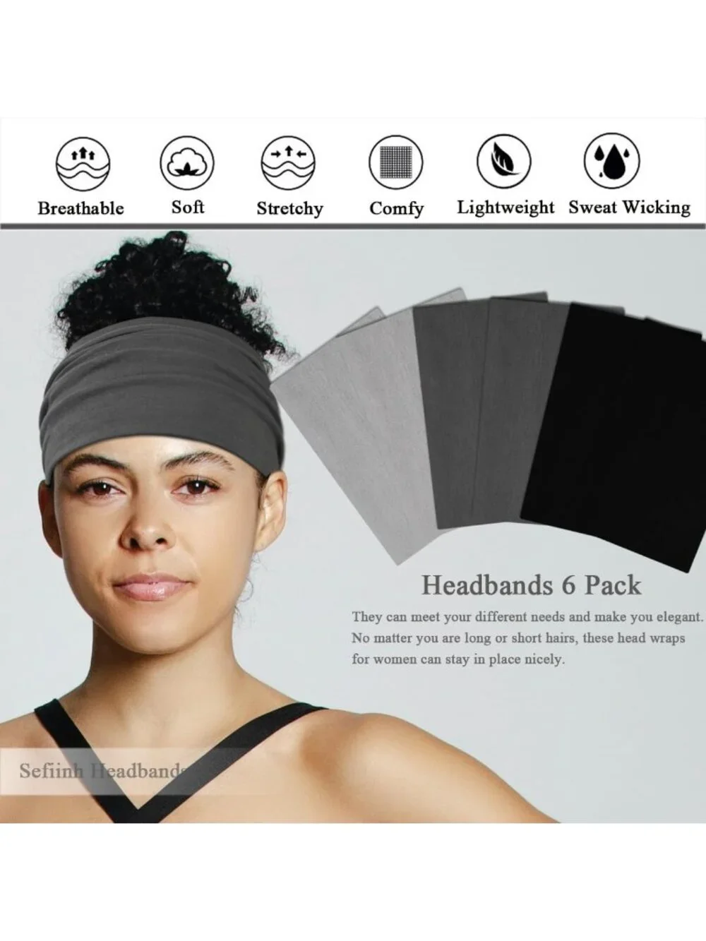 Women Black Gray 6 Pack Stretch Wide Headband Turban Yoga Hairband Accessories